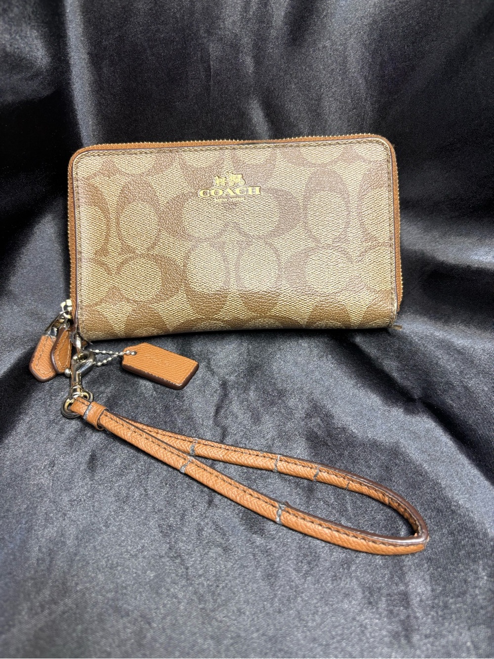 Coach Brown Signature Canvas Wristlet with Leather Strap